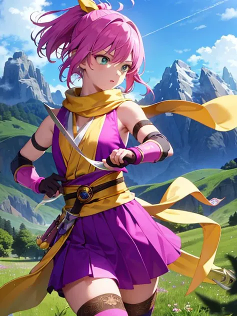 masterpiece, best quality, ultra-detailed, 1girl,  <lora:lenna_charlotte_tycoon:0.8>lenna charlotte tycoon, pink hair, ponytail, short hair, aqua eyes, hair bow, yellow bow, hair ribbon, yellow ribbon, neck scarf, yellow scarf, yellow neck scarf, purple gl...