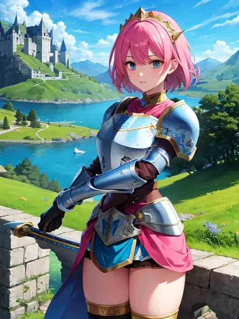 masterpiece, best quality, ultra-detailed, 1girl,  <lora:lenna_charlotte_tycoon:0.8>lenna charlotte tycoon, pink hair, short hair, aqua eyes, blue armor, knight armor, shoulder plate, guantlet, armored dress, blue headgear, sword, weapon, shield, blue shie...