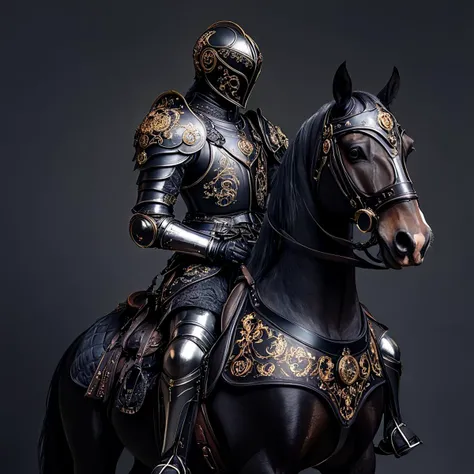 <lora:Rococo_Steampunk_SDXL:1> ArsMJStyle, Rococo Steampunk,  The image shows a man in armor riding on the back of a black horse. He is wearing a helmet and armor and the horse is adorned with a saddle and bridle., armor, helmet, horse, weapon, solo, horse...