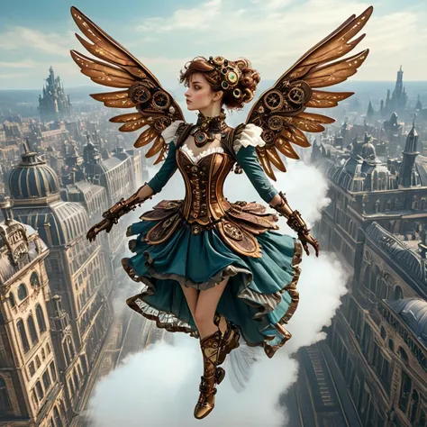 <lora:rococo_steampunk_sdxl:1> arsmjstyle, rococo steampunk,  mechanical wings, flying, cityscape, steam-powered, dress, rococo,...