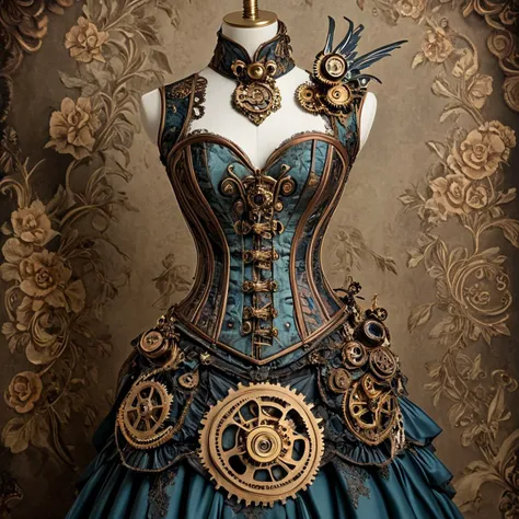 <lora:rococo_steampunk_sdxl:1> arsmjstyle, rococo steampunk,  corset, gown, mechanical bird, ballroom, steampunk, rococo, gears,...