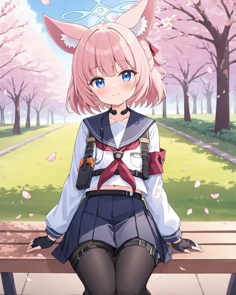 niko (blue archive),1girl, halo, solo, fingerless_gloves, looking_at_viewer, smile, sitting, long_sleeves, animal_ear_fluff, black_gloves, black_pantyhose, sailor_collar, armband, cherry_blossoms, white_shirt, shoulder_holster, bench, feet_out_of_frame, pl...