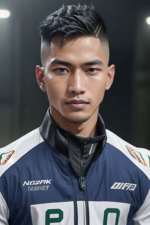 a man in a blue and white jacket standing in front of a stadium