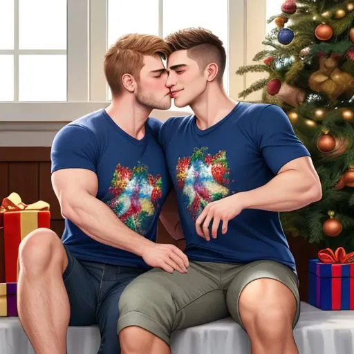 Ultra detailed digital art masterpiece,
handsome cute and happy country gay male couple, kissing,
Caucasian,
hair cut short,
sitting at the foot of the christmas tree with presents
cotton t-shirt with short sleeve clothing,
there was volumetric light enter...