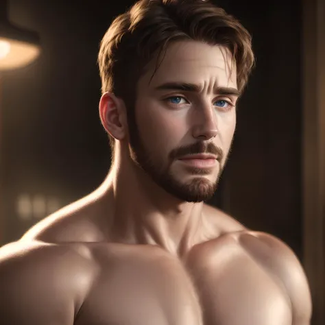 a handsome man, (face focus), close up, (centered), facial hair, (smirk:.8) looking at viewer, realistic skin, (skin pores:.5), composition, photorealism, cinematic lighting, highres, masterpiece, best quality, shirtless