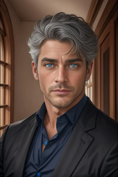 a man with grey hair and blue eyes in a suit