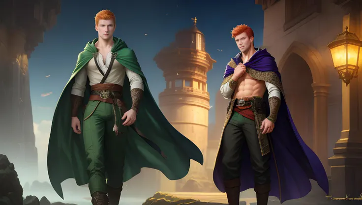 full body portrait of a young lean man with open shirt, epic clothing blowing in the wind, open clothing, peek of skin, cloak, fantasy, bulge, subtle dick line, high quality, deviantart, colorful, good lighting, celtic, green eyes, ginger hair, sexy, porn,...