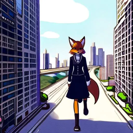 fox anthro, pixelsketcher, female fox anthro, chunie, highdetail, personalami, clothes, walking through city, looking at viewer,