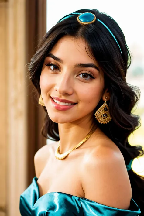 a close up of a woman wearing a blue dress and a gold necklace