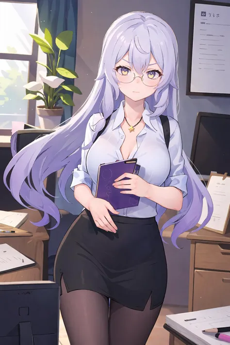 1girl, black swan (honkai: star rail), solo, office lady, white collared shirt, pencil skirt, pantyhose, glasses, glaring, looking at viewer, hand on eyewear, office, indoors, depth of field