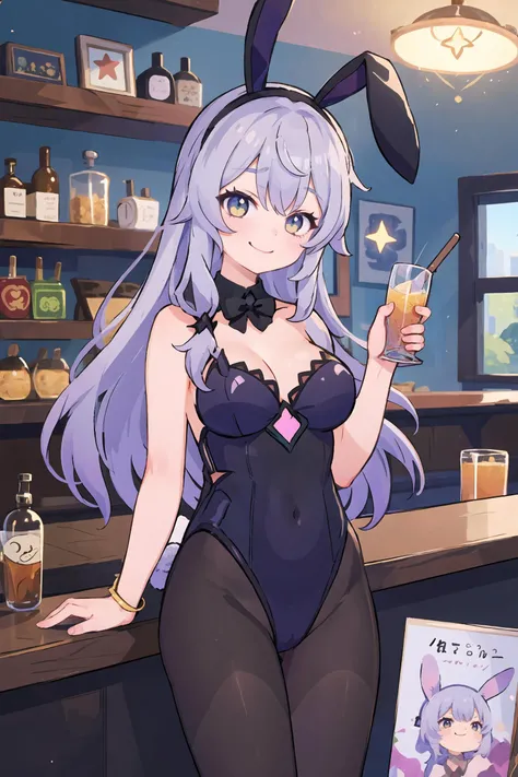 1girl, black swan (honkai: star rail), solo, playboy bunny, fishnets, fake animal ears, rabbit ears, bar (place), indoors, depth of field, cowboy shot, smirk