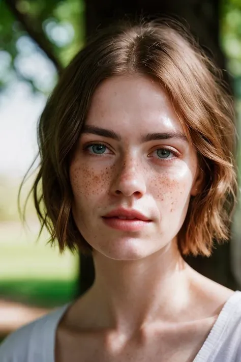goldentrig,detailed and realistic portrait of a woman with a few freckles,round eyes and short messy hair shot outside,wearing a white t shirt,staring at camera,chapped lips,soft natural lighting,portrait photography,magical photography,dramatic lighting,p...