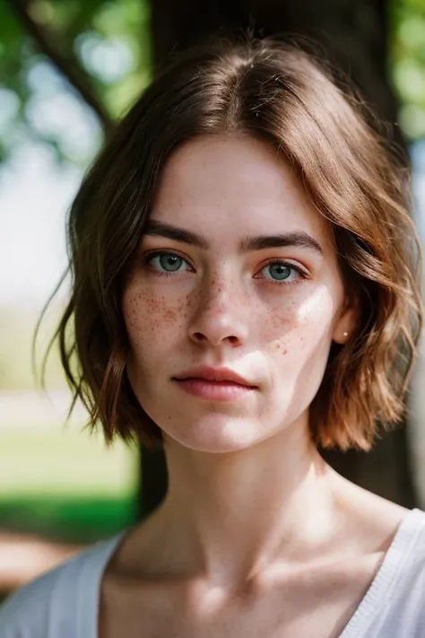 detailed and realistic portrait of a woman with a few freckles,round eyes and short messy hair shot outside,wearing a white t shirt,staring at camera,chapped lips,soft natural lighting,portrait photography,magical photography,dramatic lighting,photo realis...