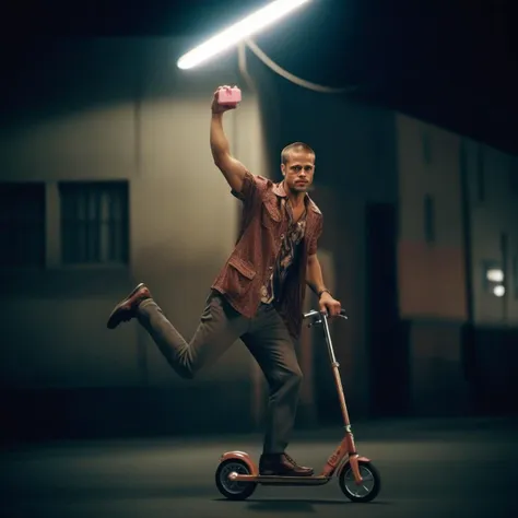 cinematic photo tyler durden, facial hair, sleeveless shirt, shaved head, holds a little pink soap, on a scooter<lora:tylerdurde...