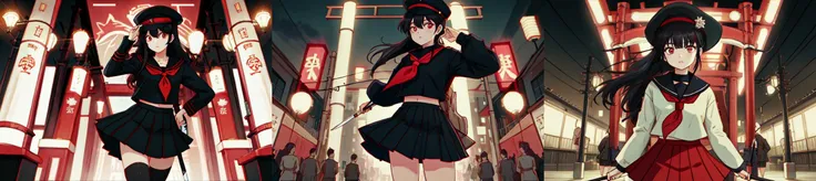 anime girl in a short skirt and a black top standing in front of a red and white wall