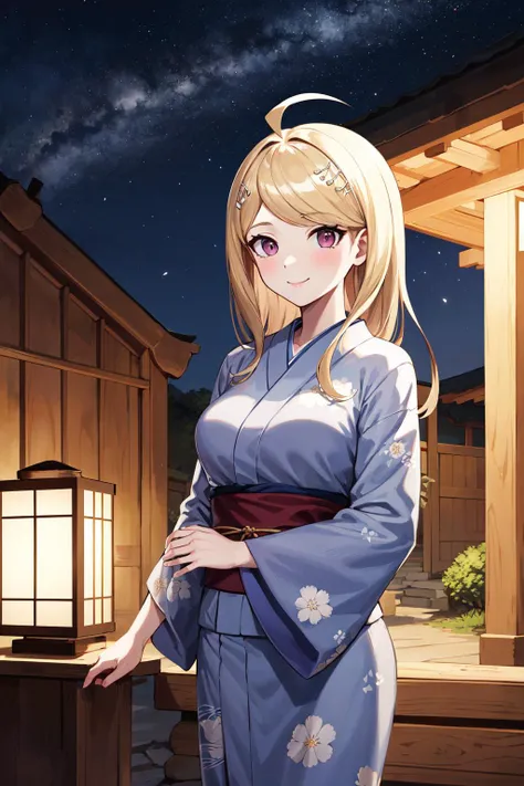 masterpiece, best quality, highres, aakaede, long hair, ahoge, hair ornament, breasts, <lora:akamatsu_kaede_v1:0.7>, shrine, japanese clothes, yukata, night, standing, cowboy shot, smile