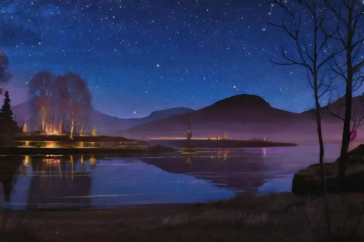 painting of a lake with a mountain in the background and a night sky