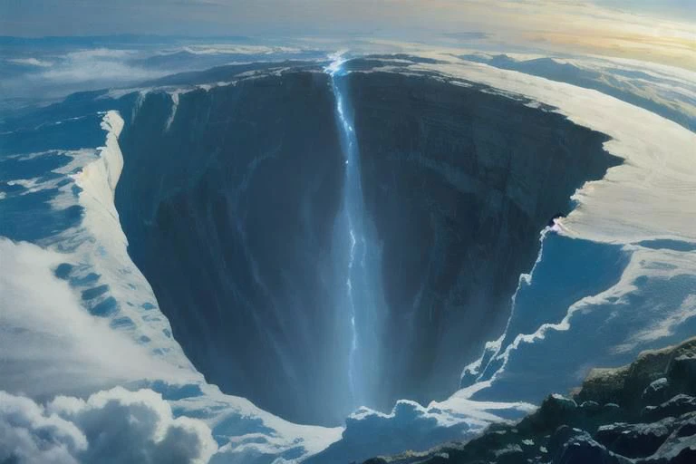 a large hole in the sky with a waterfall coming out of it