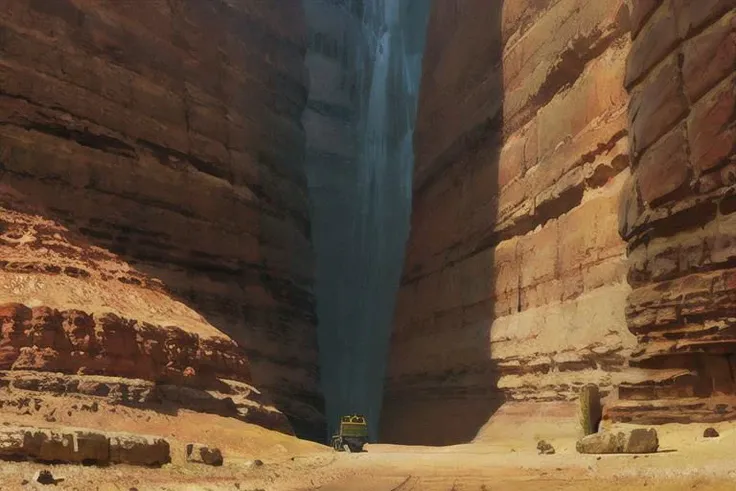 there is a car driving through a narrow canyon with a waterfall in the background