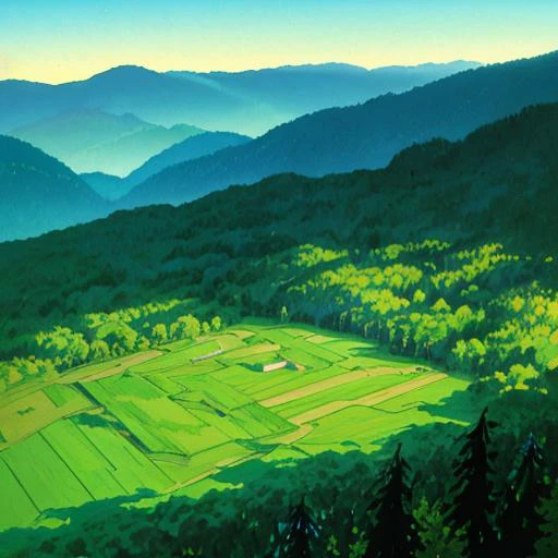 a painting of a green field with a mountain in the background