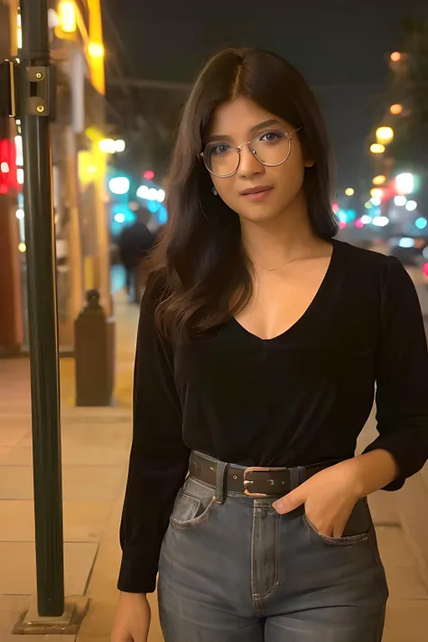 arafed woman in glasses standing on a sidewalk at night