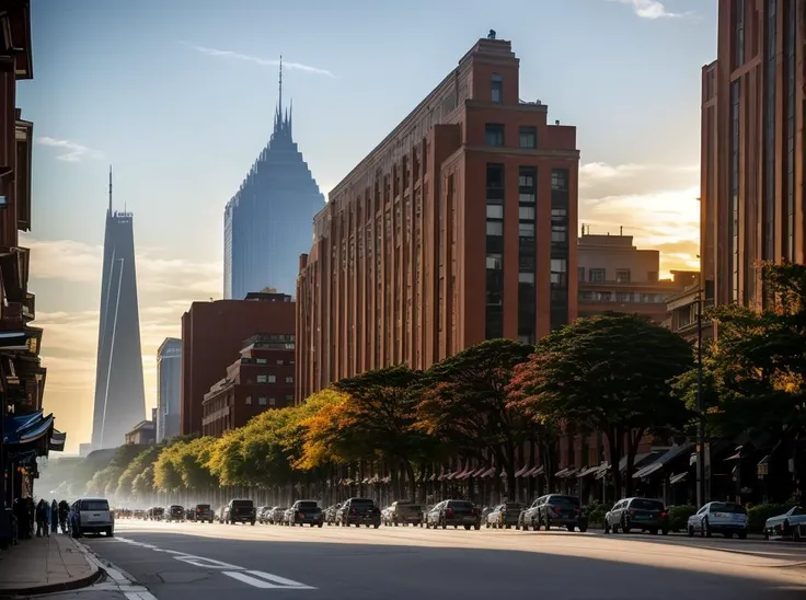 a view of a city street with tall buildings and cars