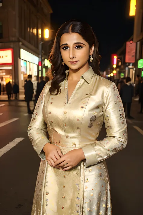 a woman in a gold dress standing on a city street