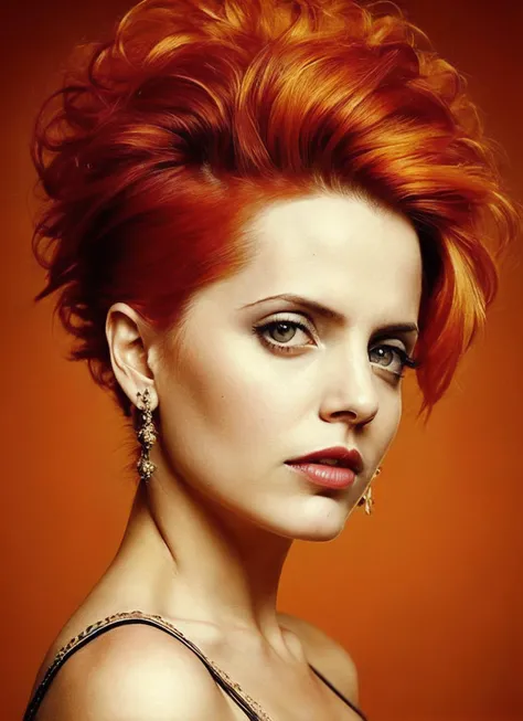 portrait of sks woman by Flora Borsi, style by Flora Borsi, bold, bright colours, orange Mohawk haircut, ((Flora Borsi)), <lora:locon_mena_v1_from_v1_64_32:1.3>