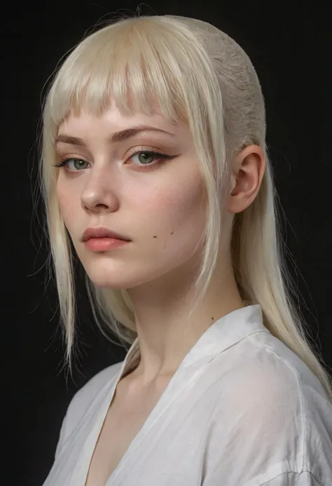 (highly detailed, brooding:1.15), half-body of gud, focus on face, side view , her albino hair