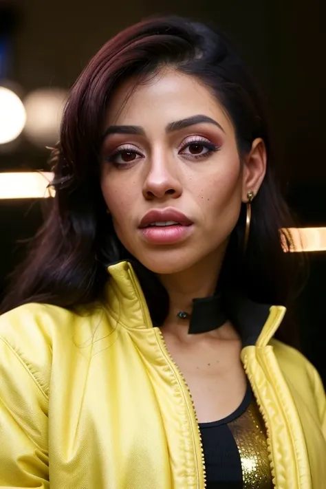 a close up of a woman in a yellow jacket looking at the camera