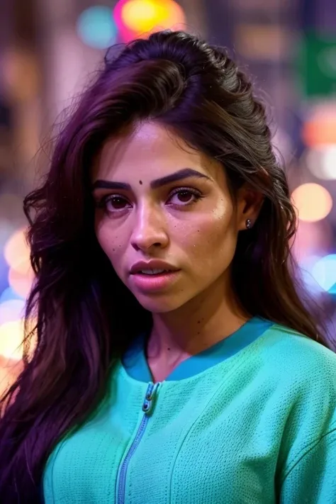 a close up of a woman with long hair and a green jacket