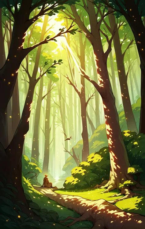 a cartoon style illustration of a forest with a path and trees