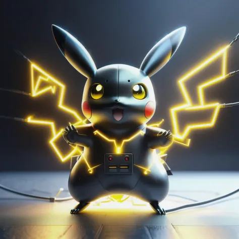 A Black mechanical Pikachu releasing electricity and looking at the camera, photo, render, 3d, 4k <lora:Dall-e_3_0.1:1>