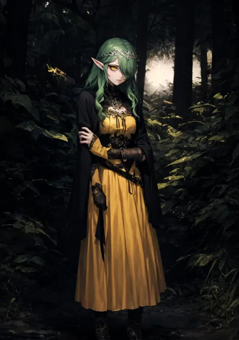 a woman in a yellow dress and black cape standing in a forest