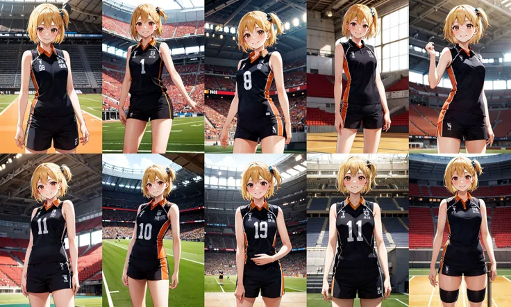 masterpiece, best quality, highres, 1girl, solo, short hair, one side up, blonde hair, brown eyes, sportwear, uniform, black shirt, sleeveless, black shorts <lora:yachi_hitoka_v1:0.7>, standing, cowboy shot, smile, stadium, indoors, court