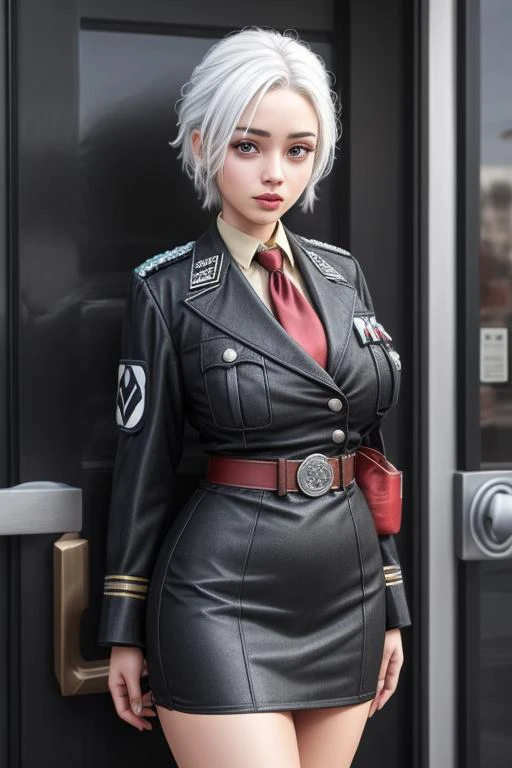 1girl, white hair, big breasts, thin waist, wide hips, big ass, thick thighs,
<lora:german_uniform:1> red armband, badge, necktie, german/(military uniform/), short pencil skirt,
office,
<lora:add_detail:1>,
<lyco:GoodHands-beta2:1.0>