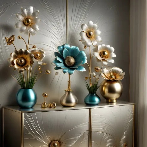 there are many different vases with flowers on a gold cabinet