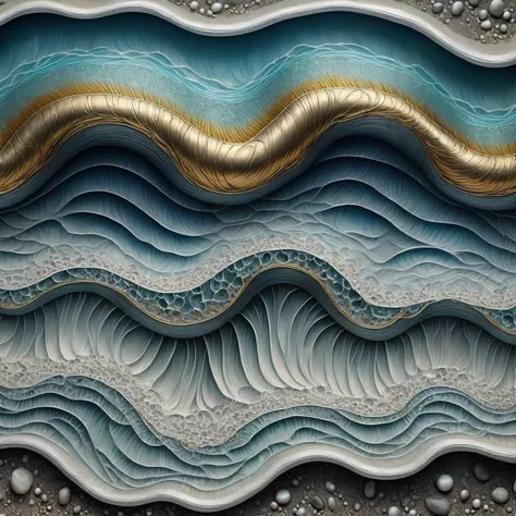 a close up of a wave with gold and blue waves