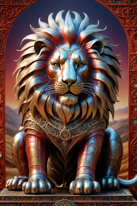 a coloured fantasy photo of a mature cs-m3tal-ok_v03-1600 Peruvian Tarot The World, earth elemental standing, lion, made of metal with networks of fine (copper:0.33) lines. Intricate, very detailed