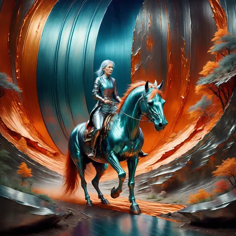 there is a woman riding a horse in a surreal scene