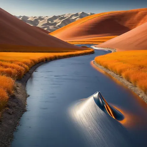 a close up of a river running through a desert with a boat in the middle