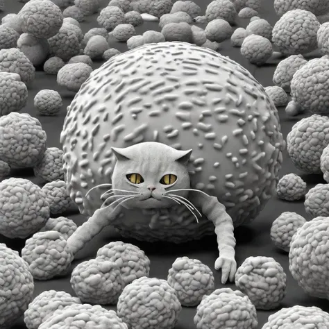 A whimsical electron-microscope photo depicting panic in the microbial world as a miscroscopic cat ruthlessly torments the local tardigrade and bacteriophage population, limited color palette, 8k UHD, ultra-sharp focus. cs-m3tal-ok_v06-1000