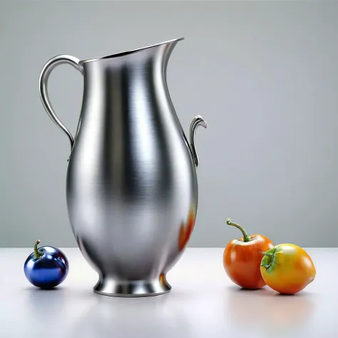 there is a silver pitcher and tomatoes on a table