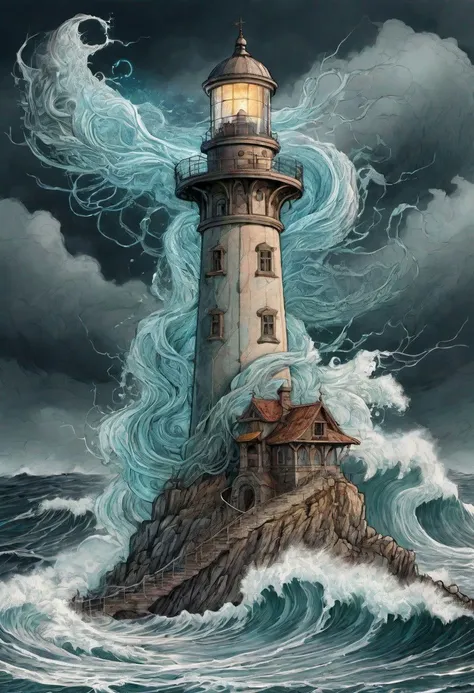 a painting of a lighthouse on a rock in the ocean