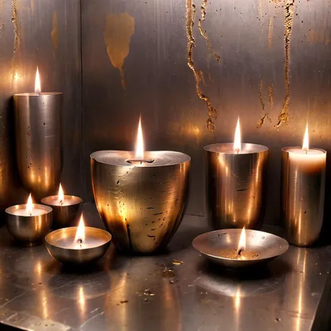 candles are lit in a row on a metal surface