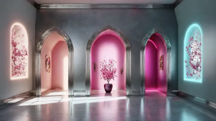 Award-winning modern furniture and lighting in a futuristic cs-m3tal-ok_v06-1000 hallway. girly color palette. A large window has a view of a magnificent summer cemetery outside. Very detailed, intricate, photorealistic, crisp edges.