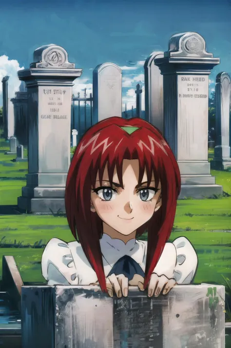 masterpiece, best quality, 1girl, looking at viewer, ultra detailed, <lora:add_detail:0.5>, <lora:maypia_FW:1> , blue eyes, red hair, bangs, short hair, desecrated cemetery, toppled tombstones, open graves, lingering spirits, smile