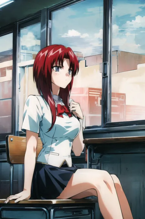 masterpiece, best quality, 1girl, looking at viewer, ultra detailed, <lora:add_detail:0.5>, <lora:maypia_FW:1> , blue eyes, red hair, bangs, school uniform, classroom, desks, window, pleated skirt, sitting,