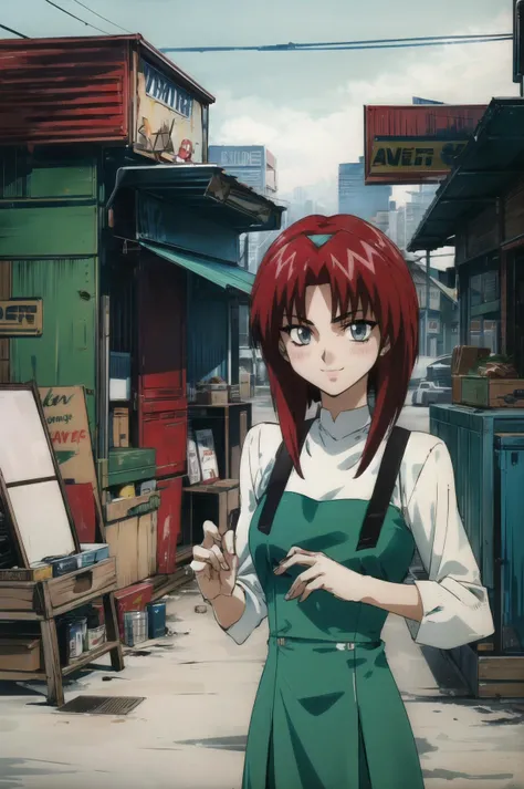 masterpiece, best quality, 1girl, looking at viewer, ultra detailed, <lora:add_detail:0.5>, <lora:maypia_FW:1> , blue eyes, red hair, bangs, short hair, post-apocalyptic marketplace, makeshift stalls, bartering, limited supplies, smile