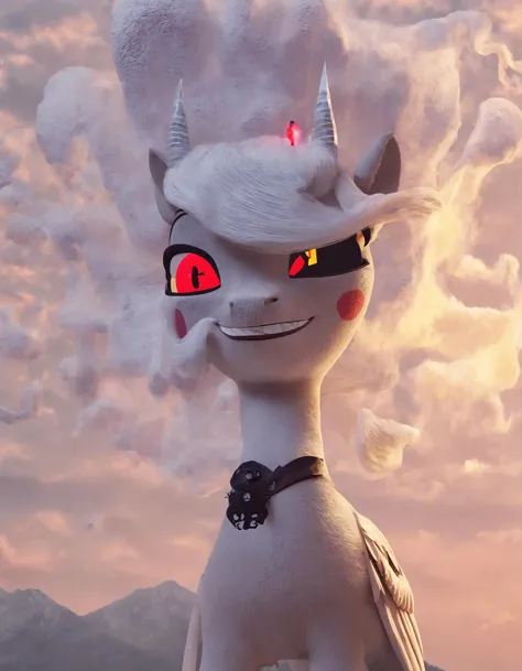 score_9, score_8_up, score_7_up, score_6_up, score_5_up, score_4_up, 3d render of Lucifer Morningstar in a 3d movie, Pixar, high quality, extremely detailed, soft colors, 8k, beautiful, adorable, The devil himself riding a my little pony on a mountain, fla...